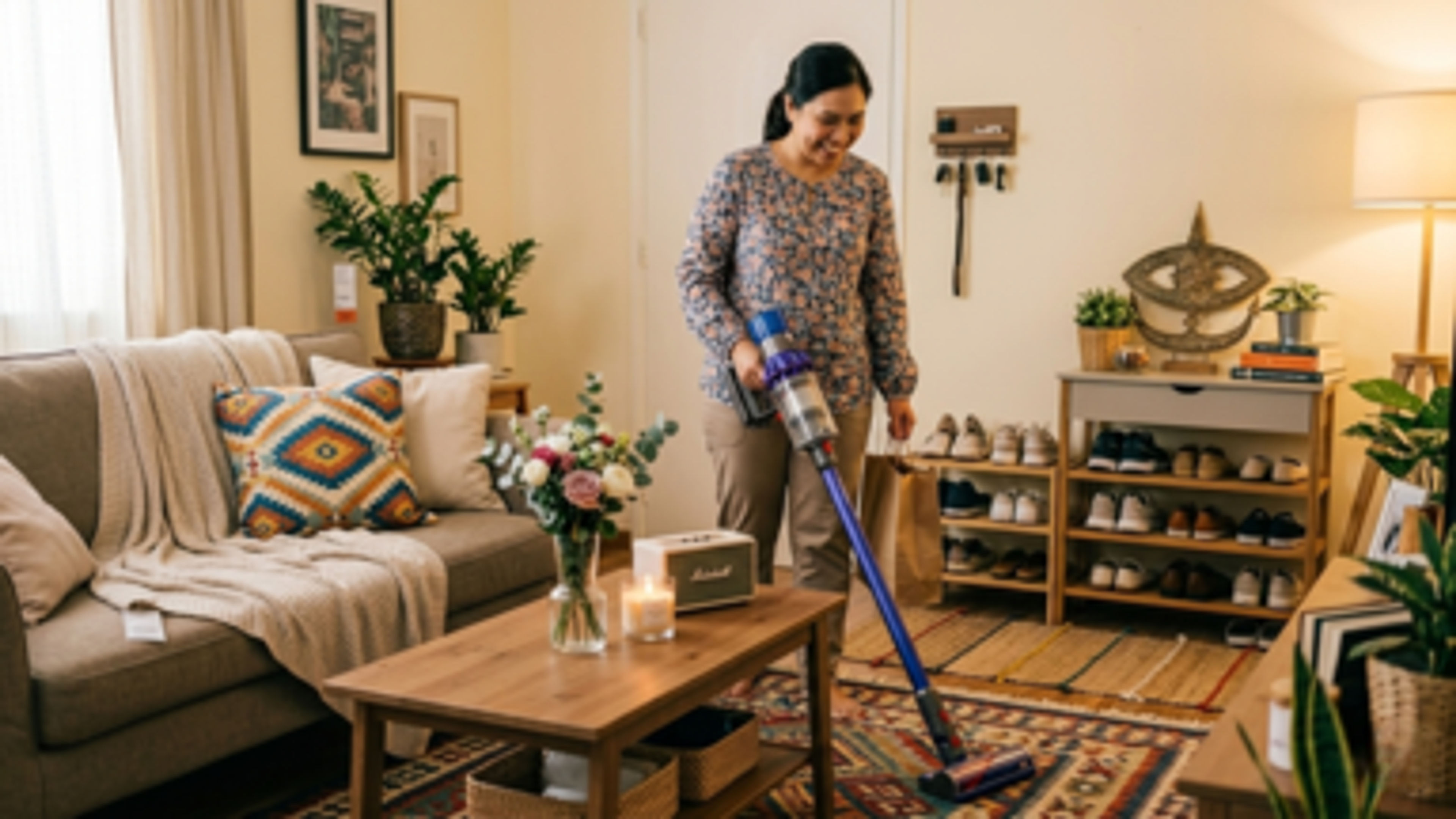 A woman cleaning a hall in the home.