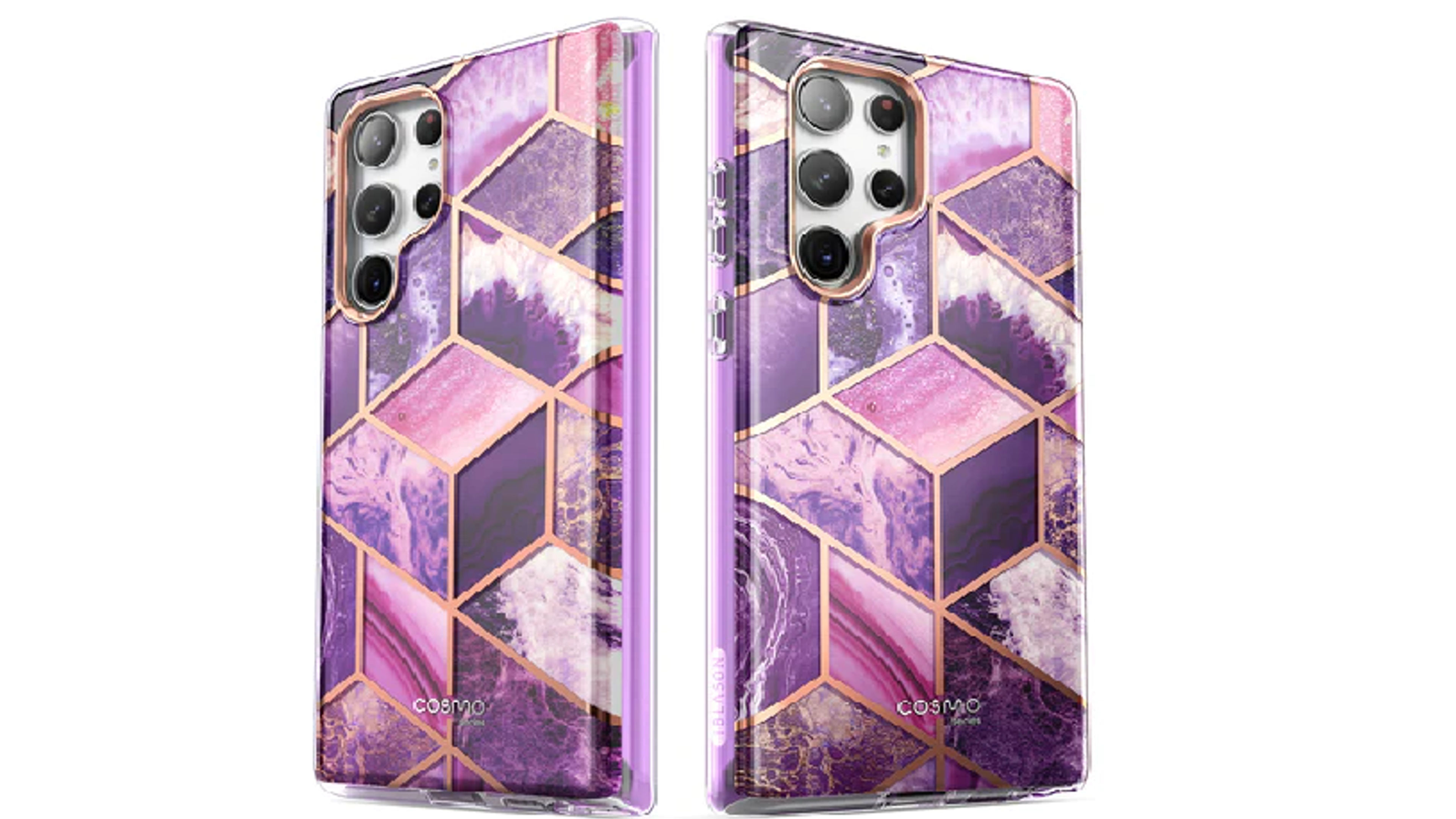 Elegant purple and gold geometric marble phone case designed for a Samsung Galaxy 