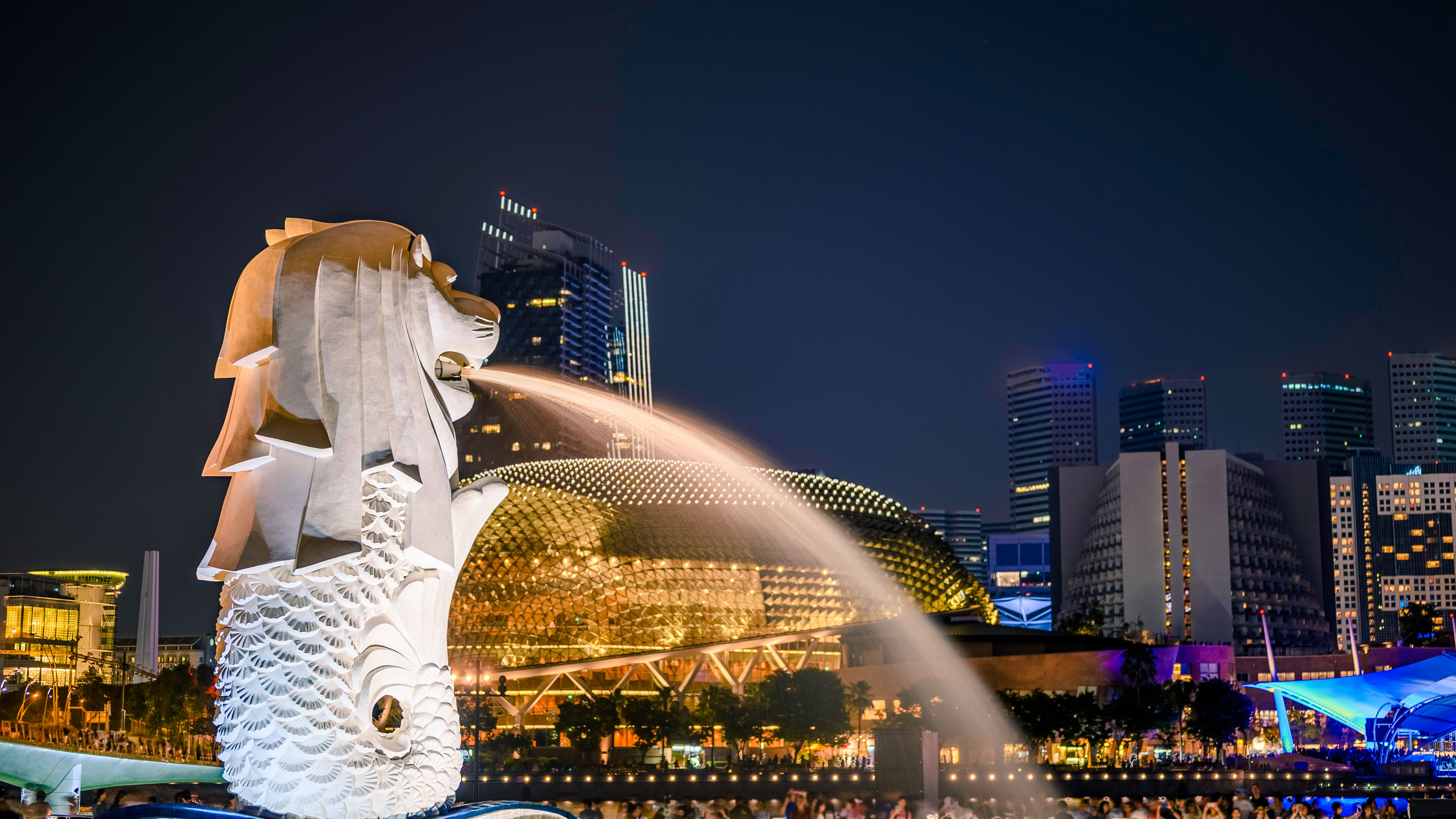 Merlion statue fountain in Merlion Park and Singapore city skyline at night. 