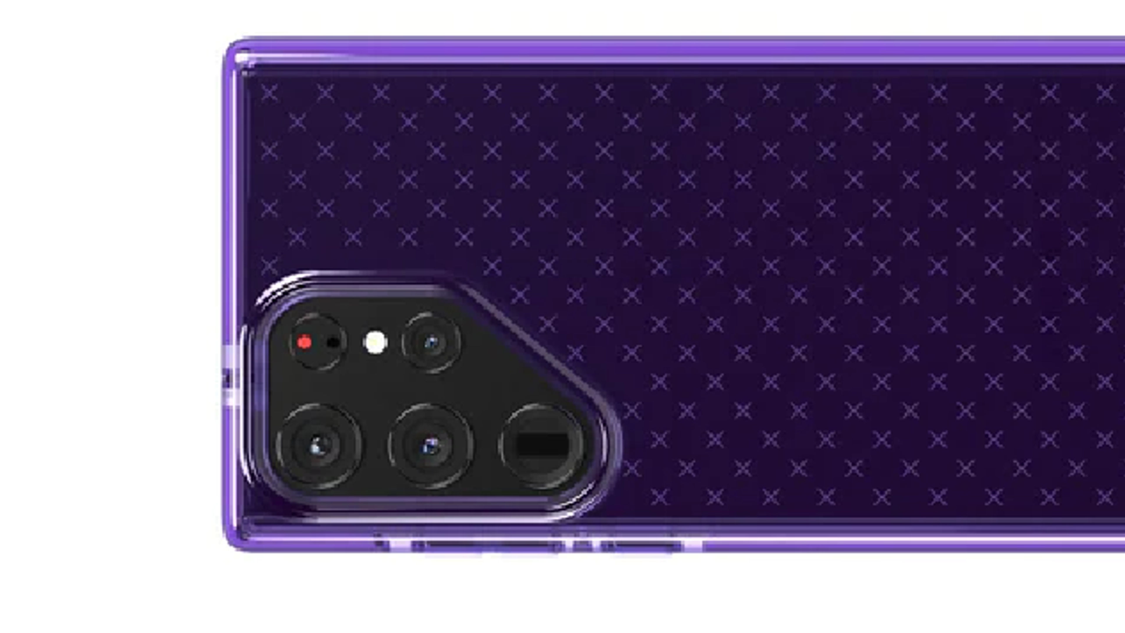 Stylish purple transparent phone case with a subtle cross pattern, designed for a Samsung Galaxy device 