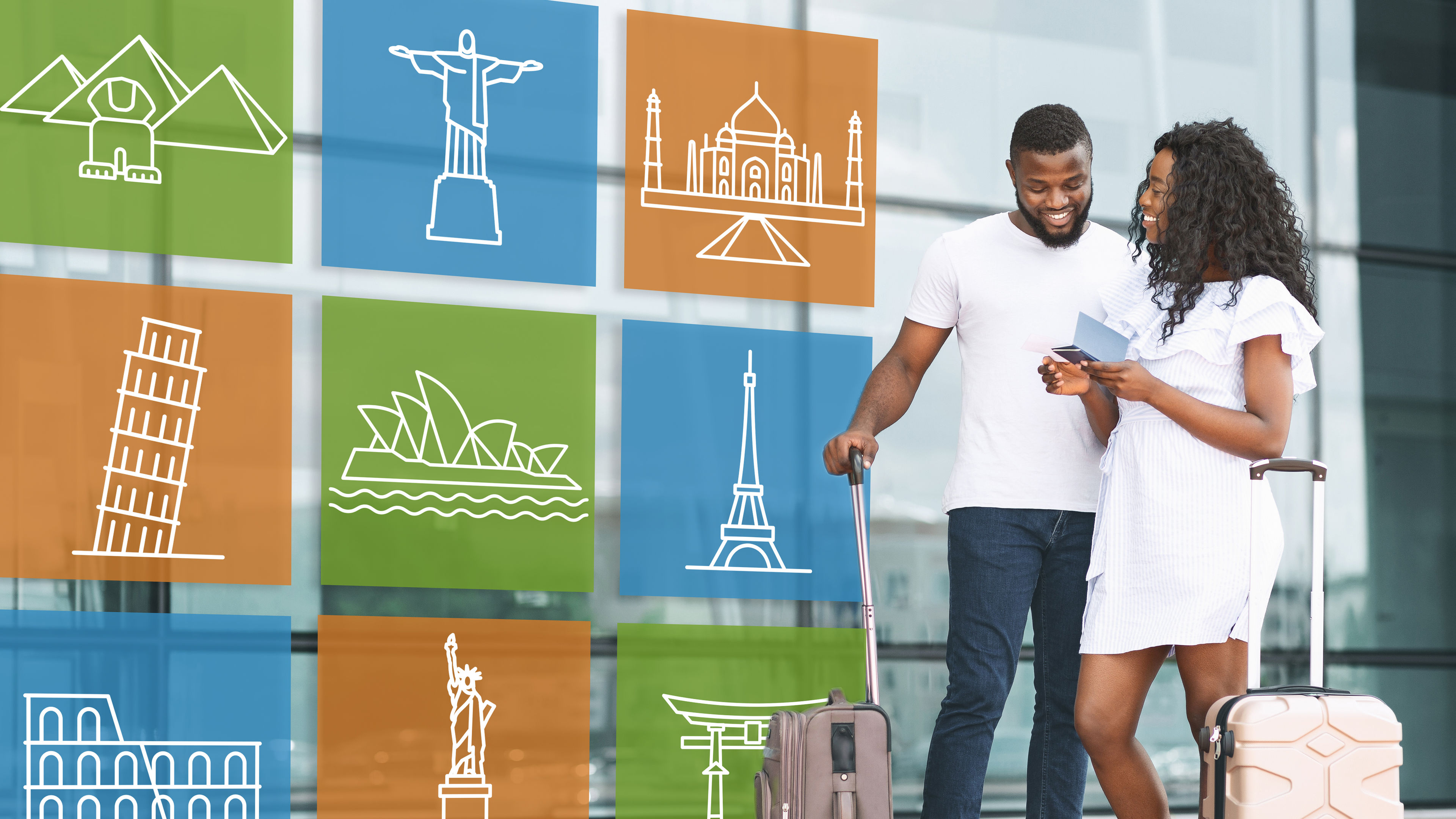 Couple holding suitcase with destination.