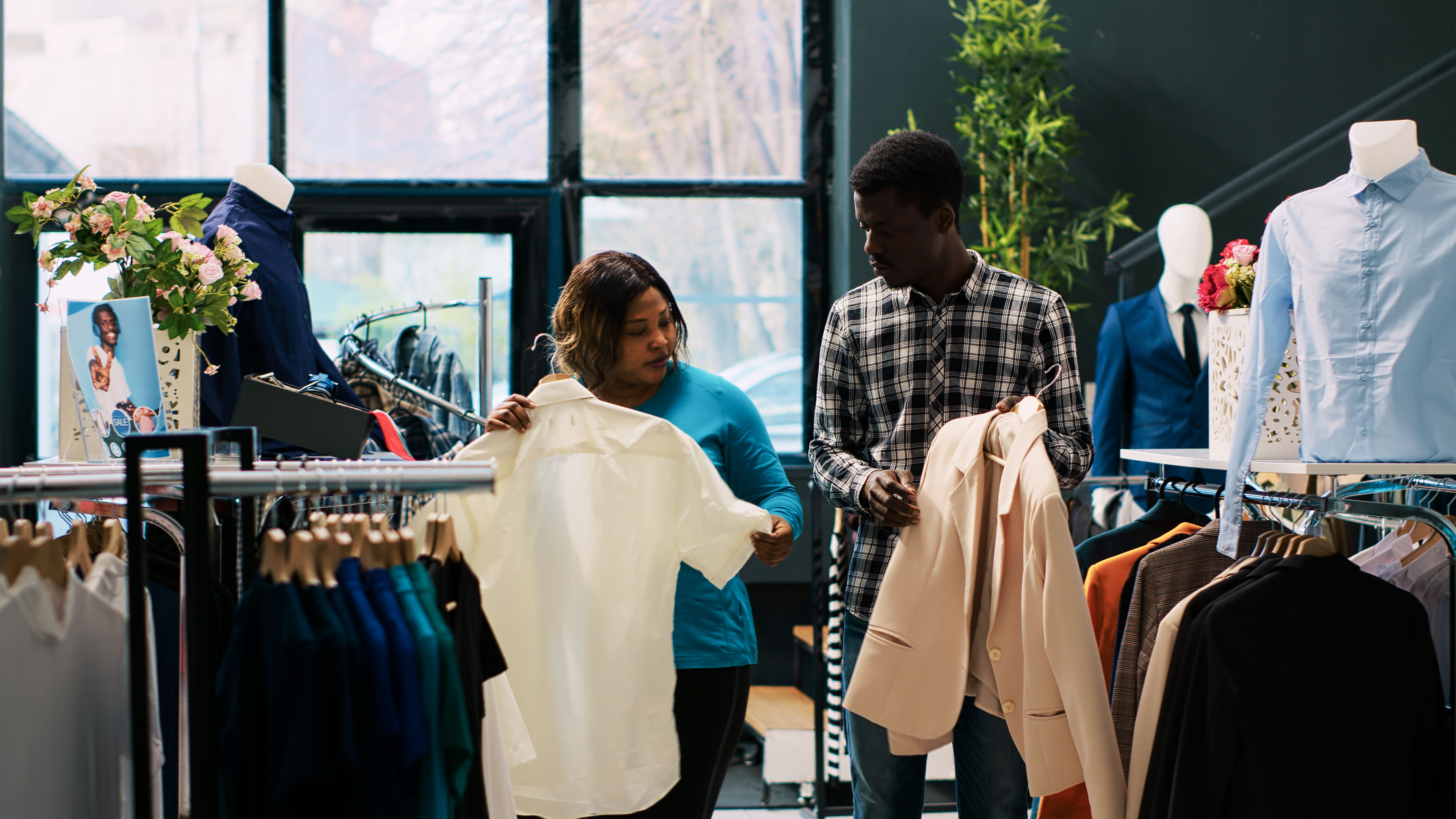 African american couple looking at trendy clothes, shopping for casual wear in modern boutique.