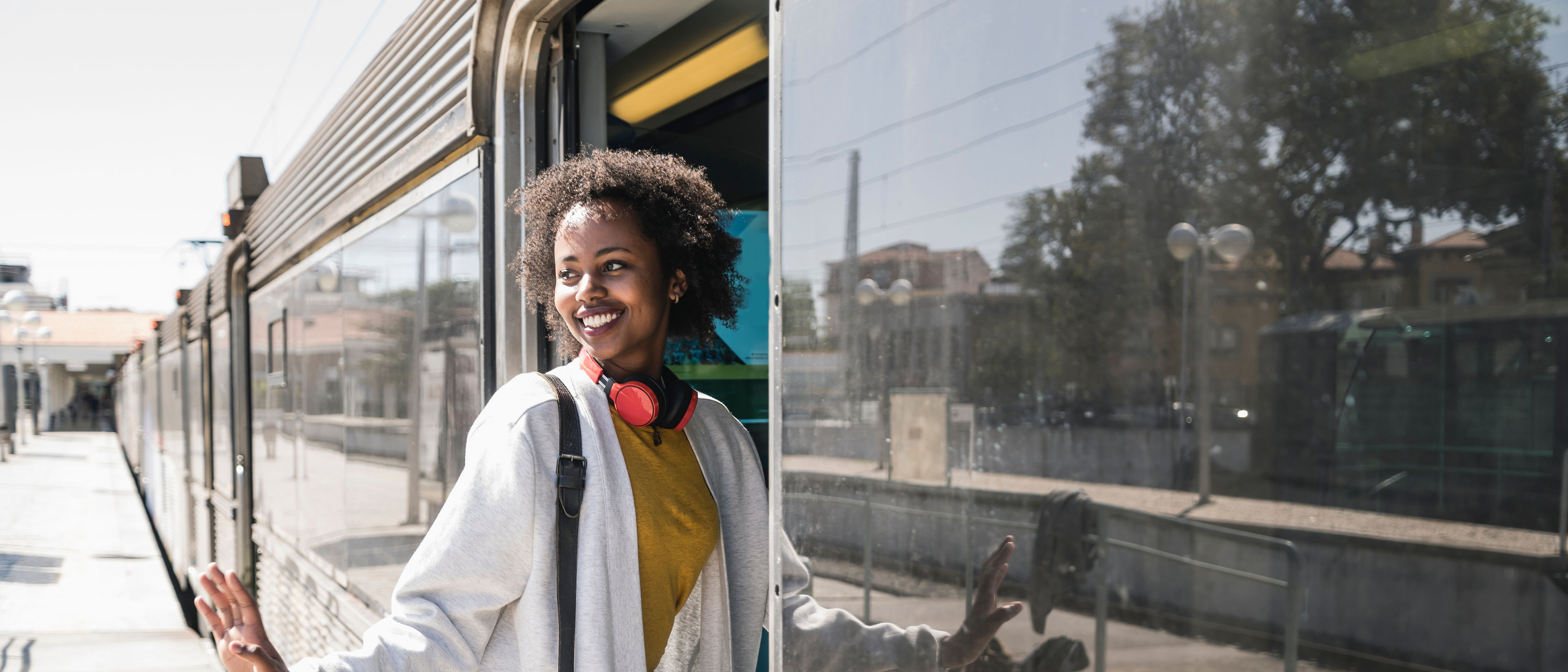 Woman entering a train